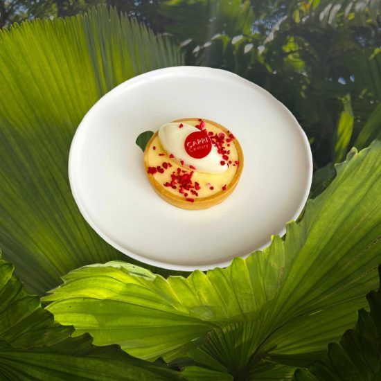芒果百香果挞配香草 Quenelle 和草莓脆片
